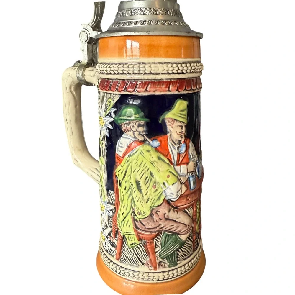 Gerz Germany Beer Stein‎ Edelweiss Floral Tavern Scene Pewter Lid Vintage